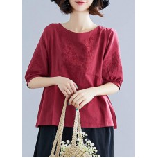 Art o neck embroidery cotton Blouse Sewing burgundy shirt summer