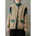 Modern Khaki O-Neck Pockets Patchwork Fine Cotton Filled Jacket Spring