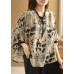 Art Beige Print Asymmetric Top Cotton Linen V Neck